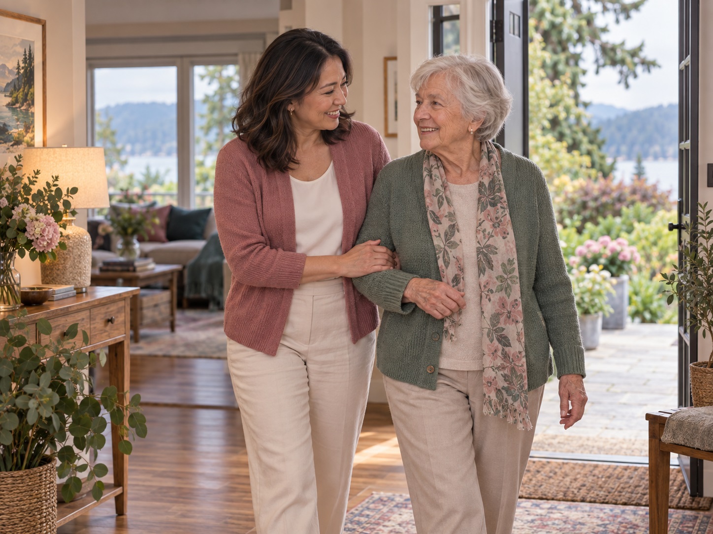 Caregiver supporting an older woman at home